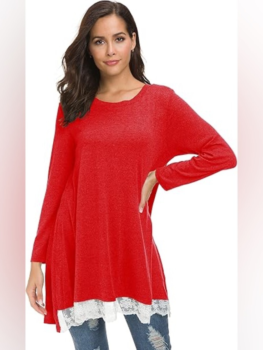 Amazon Red Long Sleeve Swing Tunic with Lace Hem